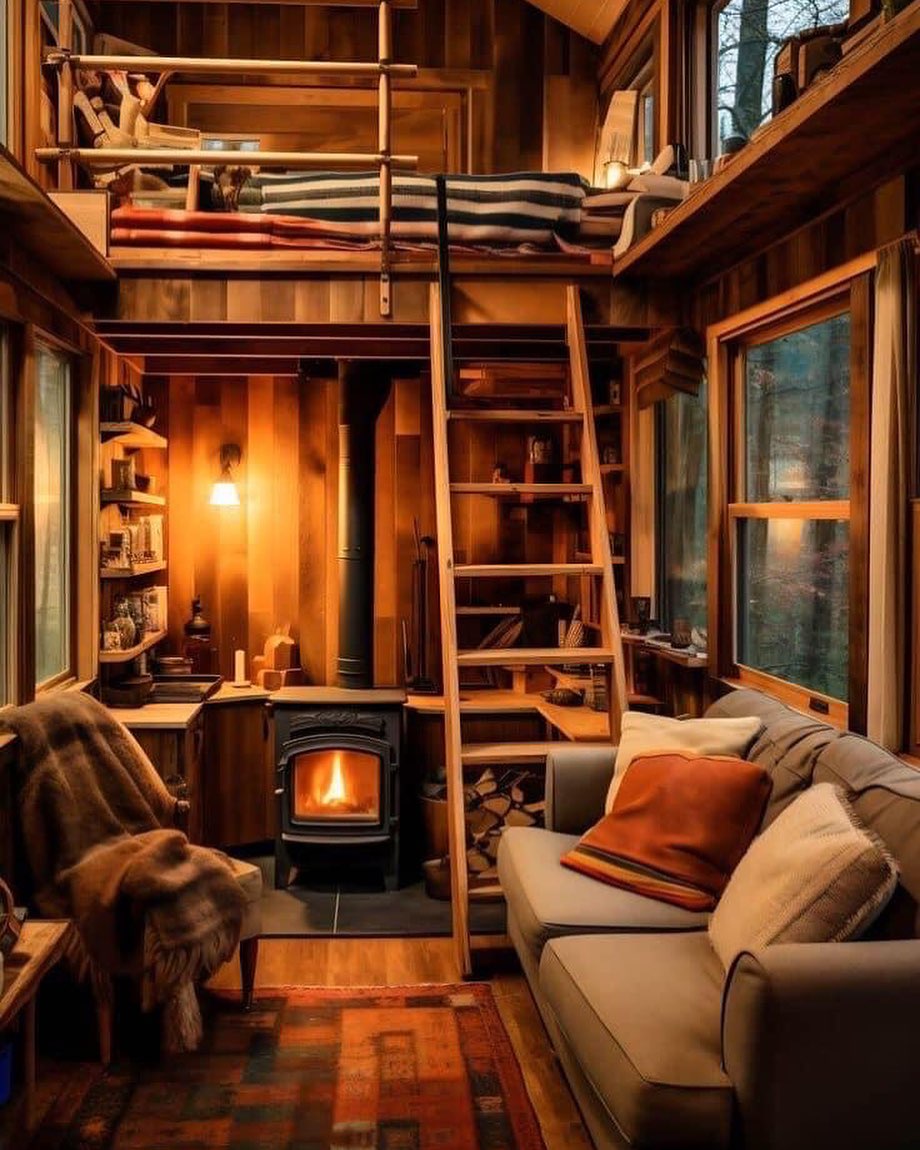 This meme features a cozy cabin interior with a couch, a bookshelf, and a loft bed. The text "I'm not lazy, I'm just conserving energy for my next adventure" appears above the couch, implying that the person is not being lazy, but rather preparing for a future activity. The image is meant to be humorous and relatable, poking fun at the idea that people often use "I'm just conserving energy" as an excuse for laziness.